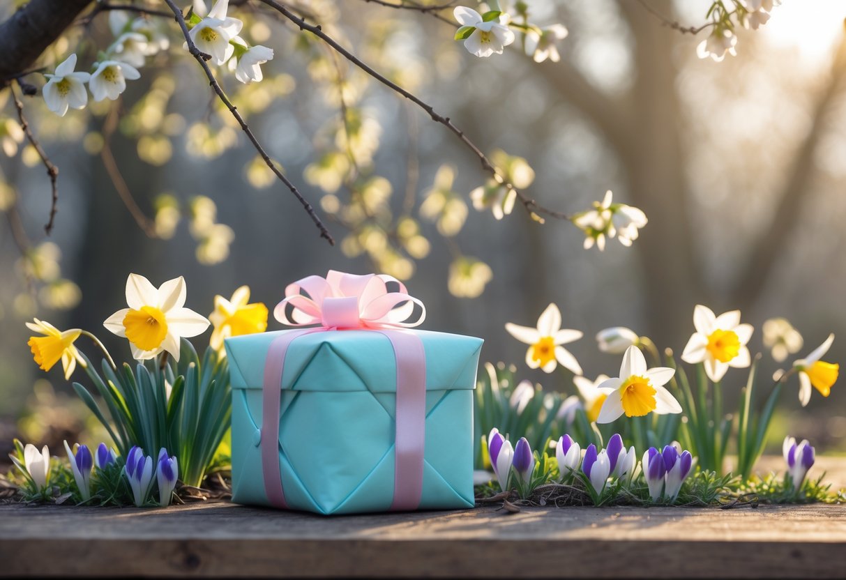 A wrapped gift box surrounded by spring flowers like daffodils and crocuses on a wooden table with sunlight filtering through budding trees.