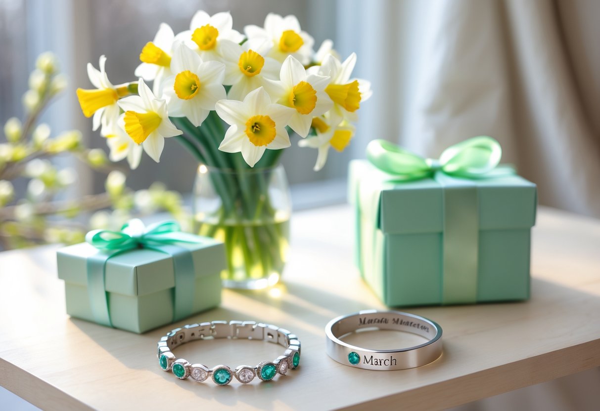 A collection of personalized March birthday gifts for her including daffodils, a silver bracelet with green gemstones, and a pastel green wrapped gift on a wooden table with soft natural light.