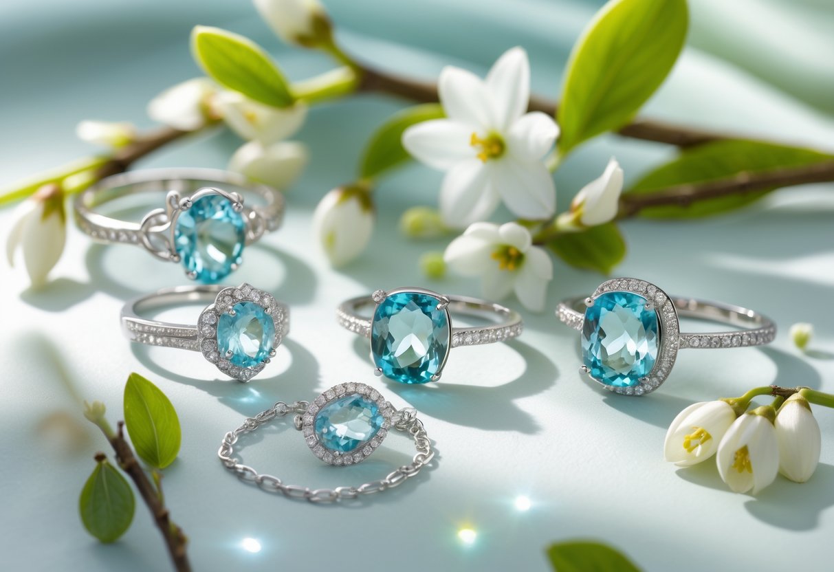 Close-up of aquamarine birthstone jewelry displayed with fresh green leaves and white spring flowers on a soft natural background.