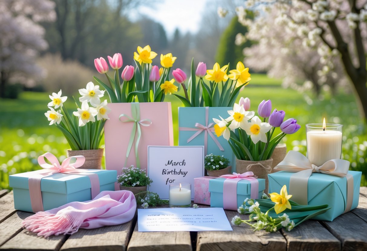 A collection of spring-themed gift items including wrapped boxes, potted plants, and flowers arranged outdoors on a wooden table with green foliage in the background.