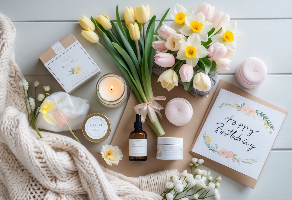Flat lay of self-care and pampering gifts including candles, bath bombs, spring flowers, skincare products, a cozy blanket, and a birthday card on a light wooden surface.