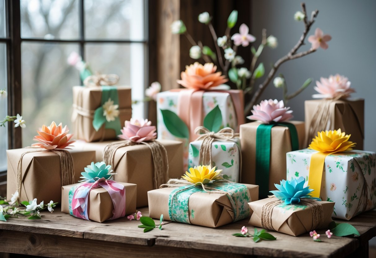 A collection of creatively wrapped birthday gifts with handmade decorations on a wooden table, surrounded by spring flowers and natural light.