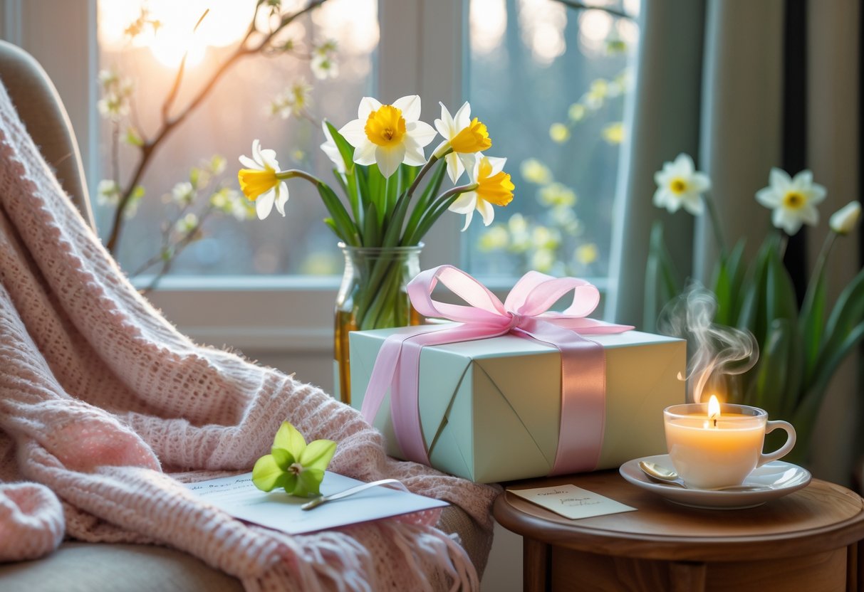 A cozy scene with a wrapped gift box, spring flowers, a knitted blanket on an armchair, a cup of tea, and a candle by a sunlit window.