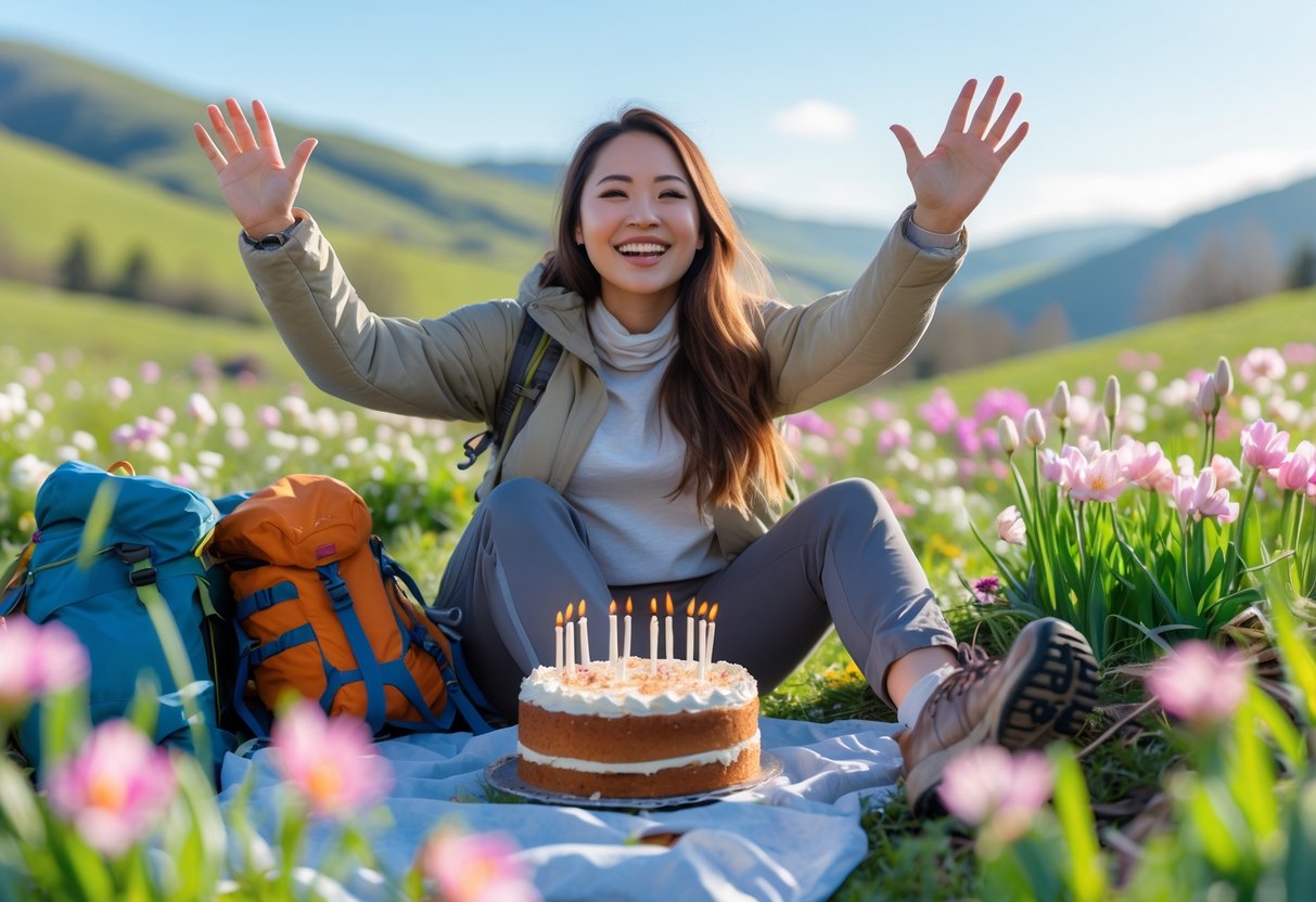A young woman smiling outdoors surrounded by blooming flowers and greenery, with hiking gear and a picnic setup nearby, celebrating a birthday in early spring.