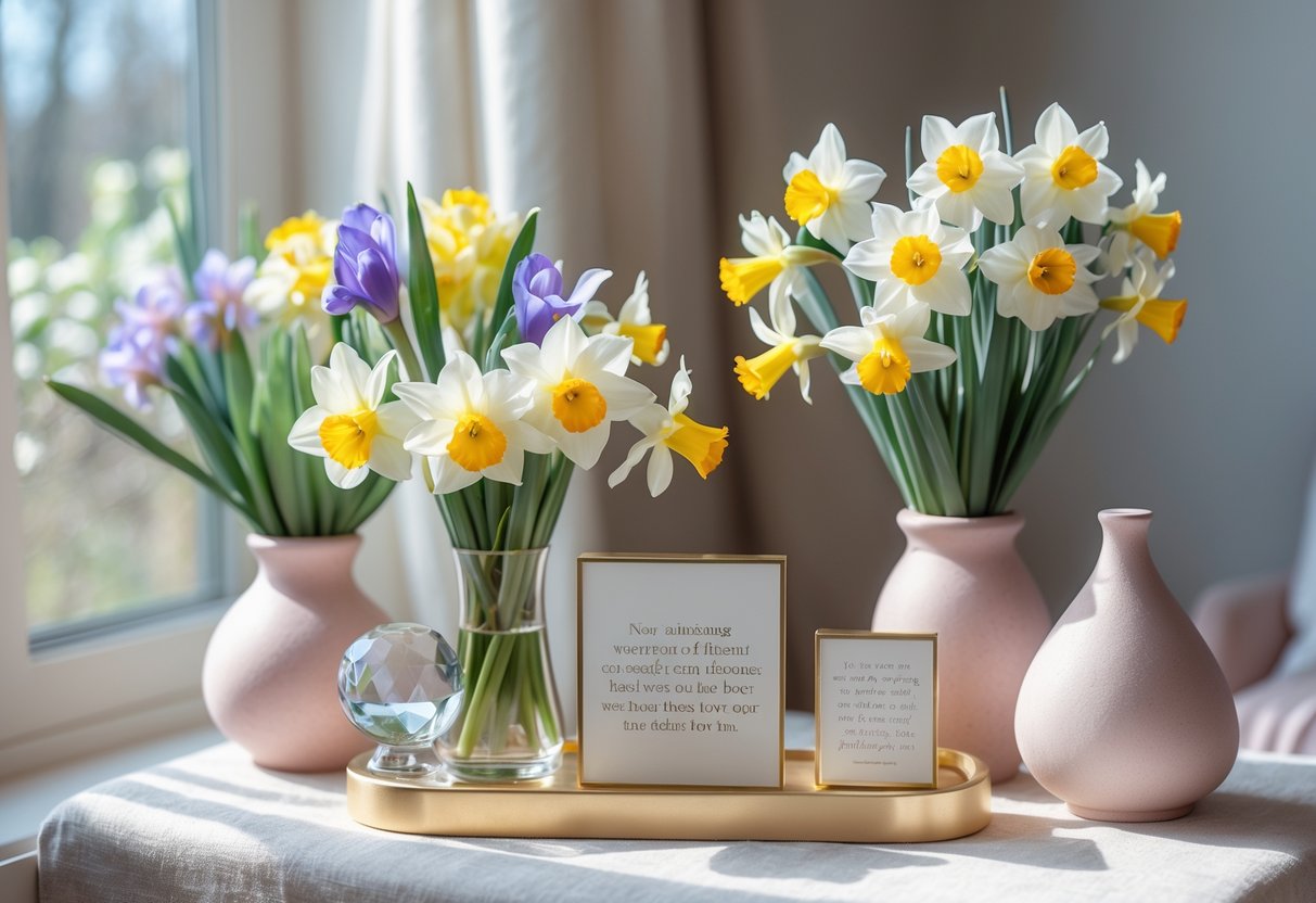 A display of spring flowers and elegant decorative keepsakes arranged on a table in a softly lit room.