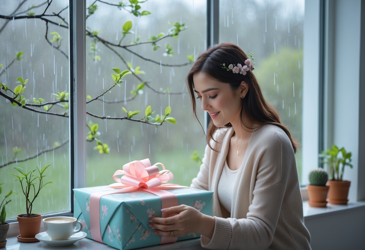 A woman sitting by a window on a rainy day, unwrapping a gift with plants and raindrops visible outside.