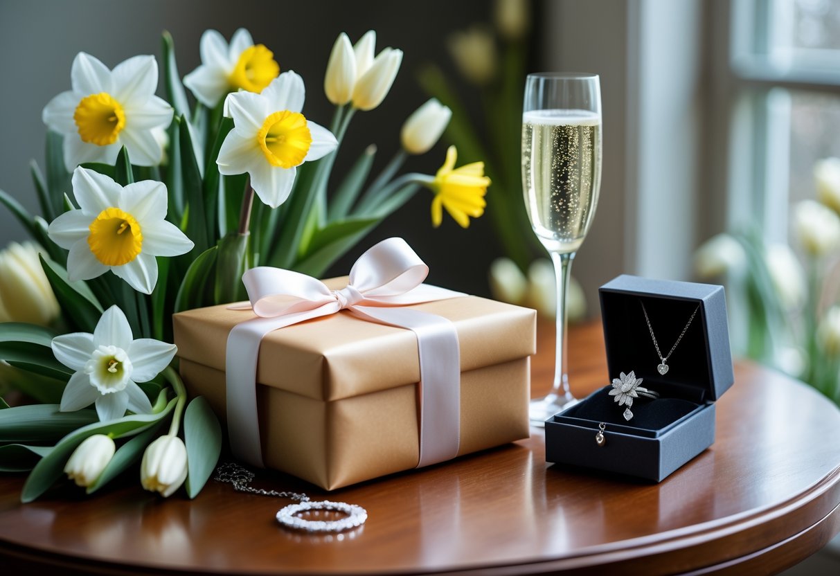 A wrapped gift box with a ribbon, spring flowers, a champagne flute, and an open jewelry box with a necklace on a wooden table.