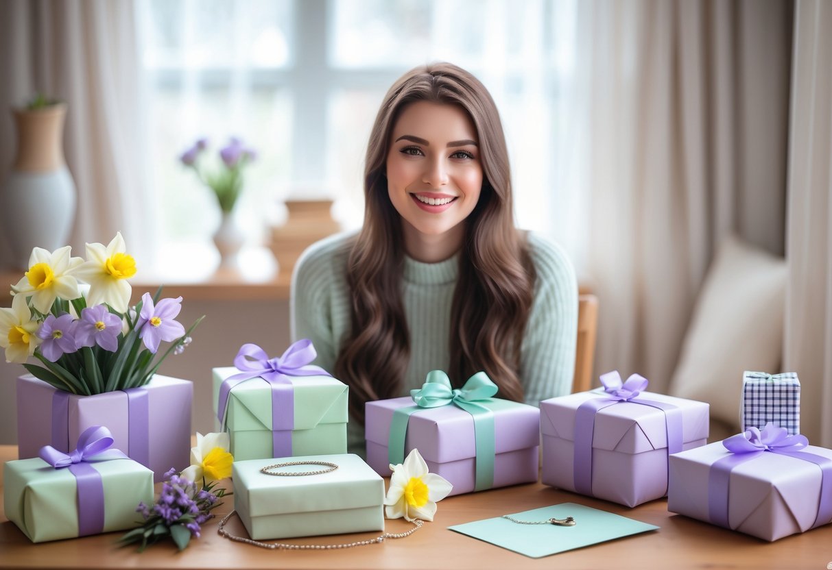 A young woman sitting at a table surrounded by wrapped birthday gifts and spring flowers, looking happy and thoughtful.