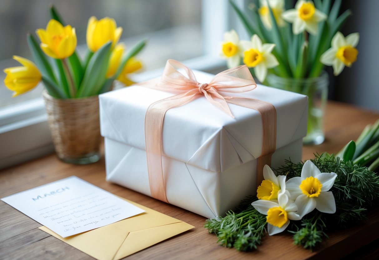 A wrapped birthday gift with a ribbon, fresh spring flowers, and a handwritten note on a wooden table near a window.