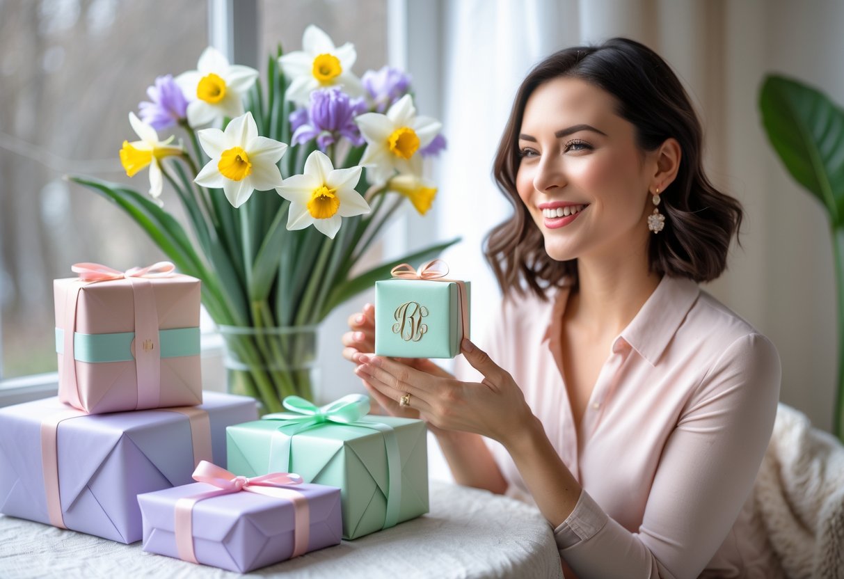 A joyful woman holding a small personalized gift box next to pastel-colored wrapped presents and a bouquet of spring flowers including daffodils and irises.