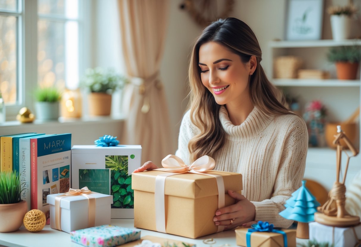 A woman thoughtfully selecting a wrapped gift surrounded by items representing various hobbies in a cozy, sunlit room.