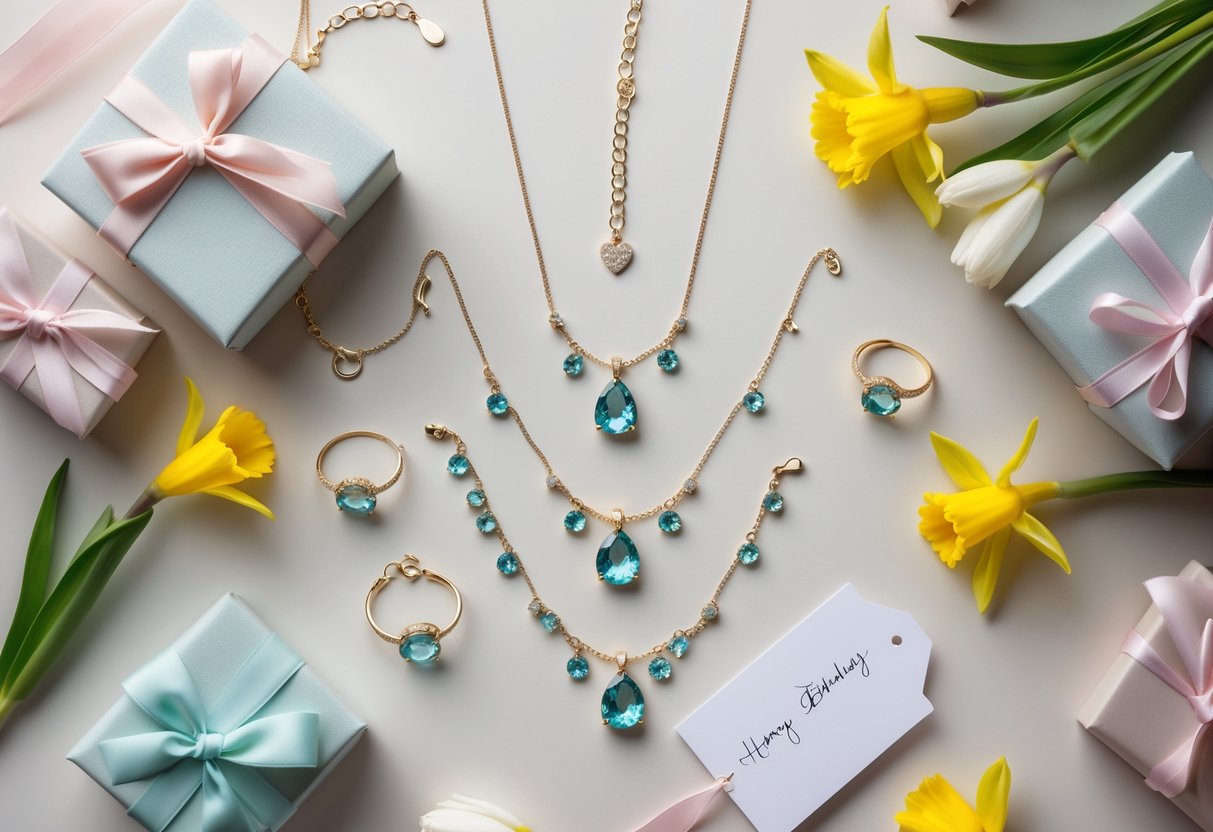A flat lay of personalized aquamarine jewelry, gift boxes, and spring flowers arranged on a soft background.