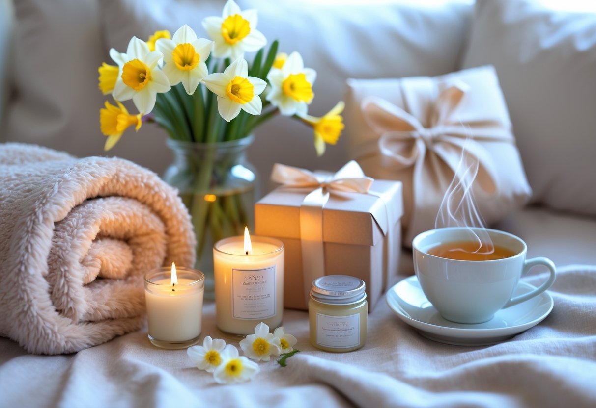 A collection of cozy and thoughtful self-care gifts including a blanket, candles, spring flowers, a wrapped gift box, body lotion, and a cup of tea arranged on a soft surface.