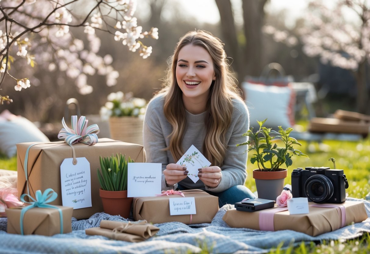 A young woman outdoors in early spring smiling as she looks at thoughtful birthday gifts including a wrapped box, a pottery class voucher, a potted plant, and a camera on a picnic blanket.