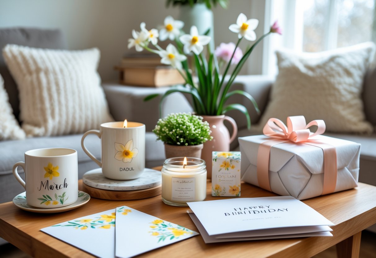 A cozy living room table with personalized home and lifestyle gifts including a ceramic mug, scented candle, potted plant, wrapped present, and spring flowers.