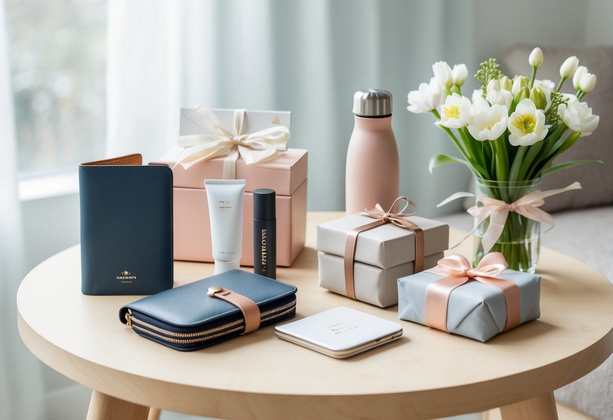 A collection of travel-friendly and organizational gifts arranged on a table with a small flower bouquet in the background.