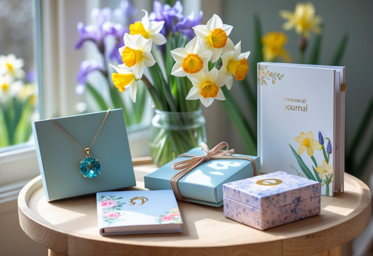 A table with unique March birthday gifts including an aquamarine necklace, spring flowers, a floral journal, and a small zodiac-themed box.