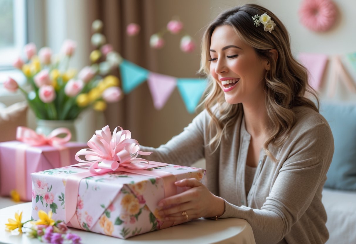 A woman happily receiving a beautifully wrapped gift in a cozy indoor setting with spring flowers in the background.