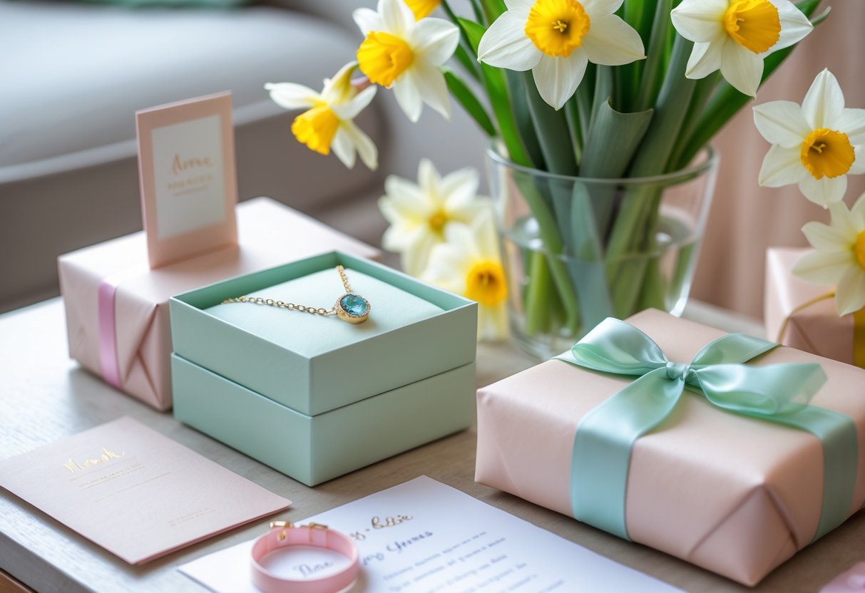 A table displaying personalized March birthday gifts including a birthstone necklace, spring flowers, a wrapped present, and a handwritten card in a cozy room.