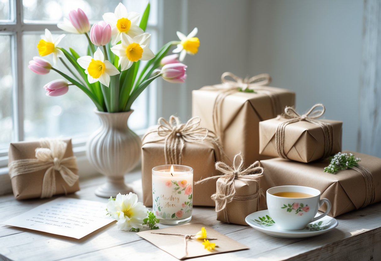A table with spring flowers, wrapped birthday gifts, a candle, a handwritten card, and a cup of tea in natural sunlight.