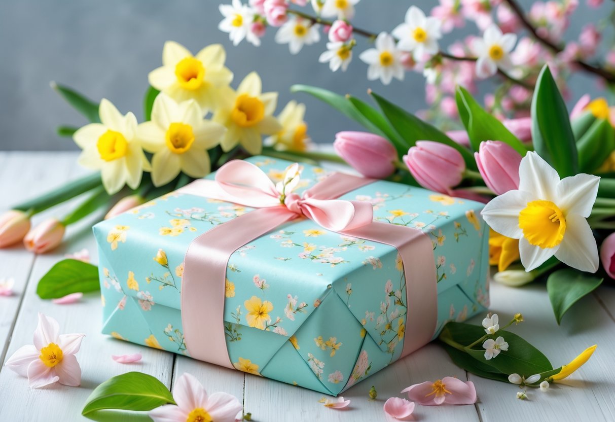 A beautifully wrapped gift box with spring flowers like daffodils and tulips arranged on a light wooden table with fresh greenery and blossoms in the background.