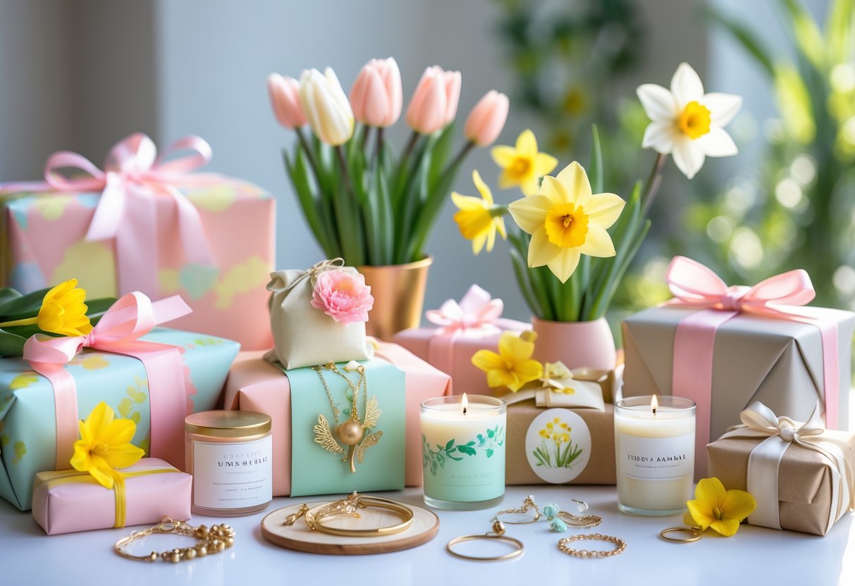 A collection of spring-inspired gift items including flowers, jewelry, candles, and wrapped presents arranged on a table with soft natural light.