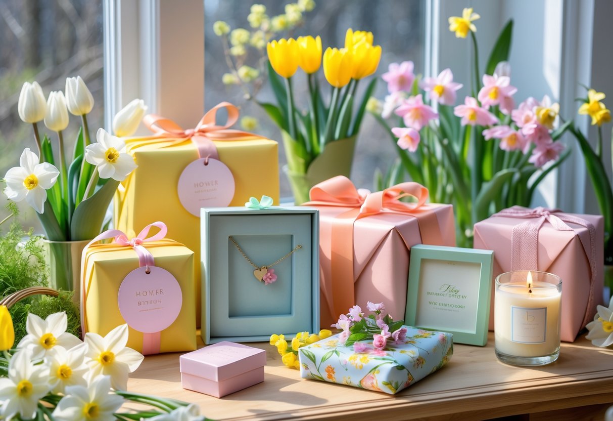A sunlit table with spring flowers and an arrangement of personalized birthday gifts including wrapped boxes, jewelry, a photo frame, and a candle.
