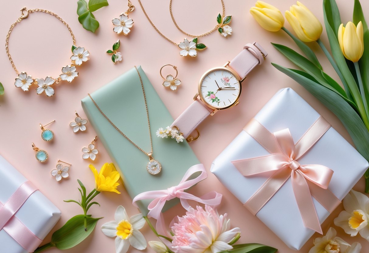 A collection of spring-themed jewelry, a watch, a wrapped gift box, and fresh flowers arranged on a pastel background.