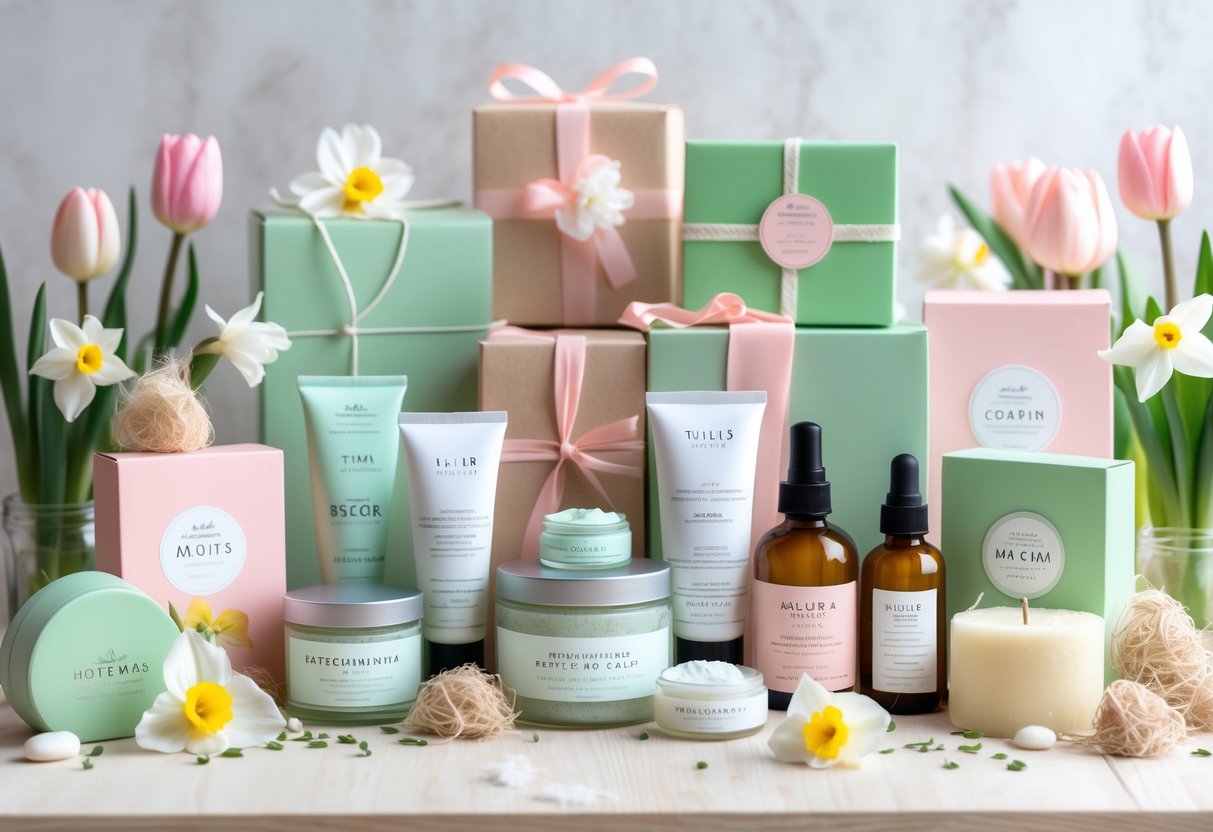 A collection of skincare and self-care products with spring flowers arranged on a wooden surface.