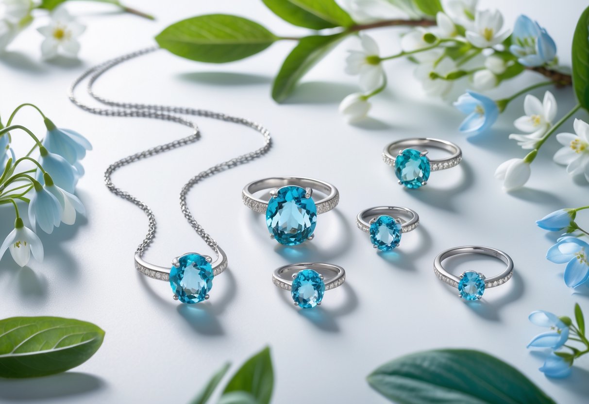 An arrangement of aquamarine jewelry including a necklace, earrings, and rings surrounded by spring flowers and green leaves on a light background.