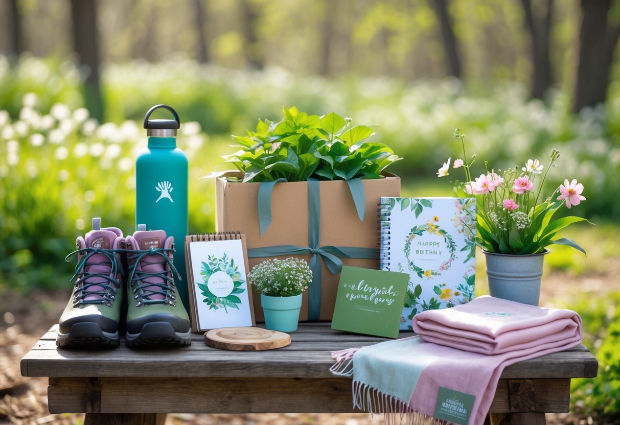 A collection of nature-inspired gifts including hiking boots, a water bottle, a floral journal, a potted plant, a pastel scarf, and wildflowers arranged on a wooden table outdoors surrounded by spring greenery.