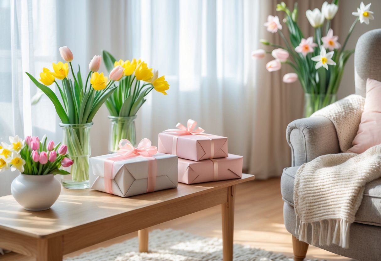 A sunlit living room with spring flowers, cozy cushions, a soft throw blanket, and wrapped birthday gifts arranged on tables.