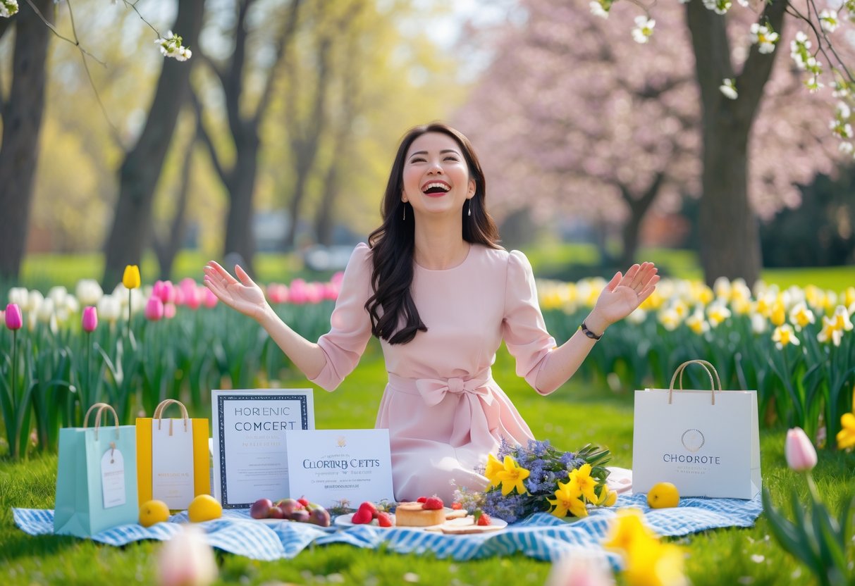 A young woman in a garden surrounded by spring flowers and experience-based birthday gifts, enjoying a sunny outdoor celebration.