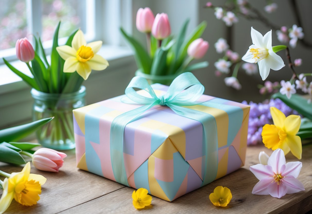 A beautifully wrapped gift box surrounded by fresh spring flowers on a wooden table with soft natural light coming through a window.