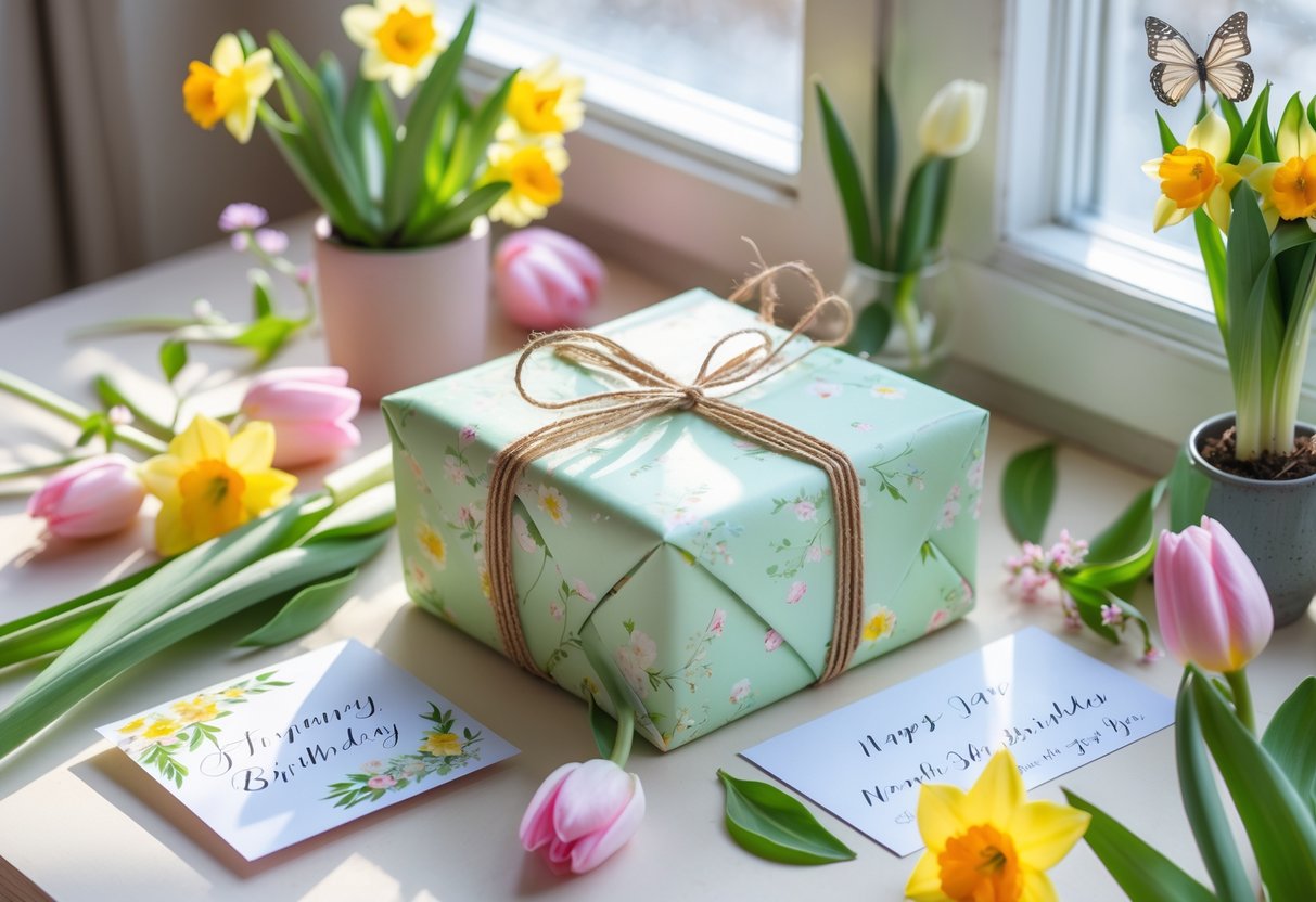 A beautifully wrapped pastel-colored gift box surrounded by spring flowers and a small potted plant on a wooden table with soft sunlight.