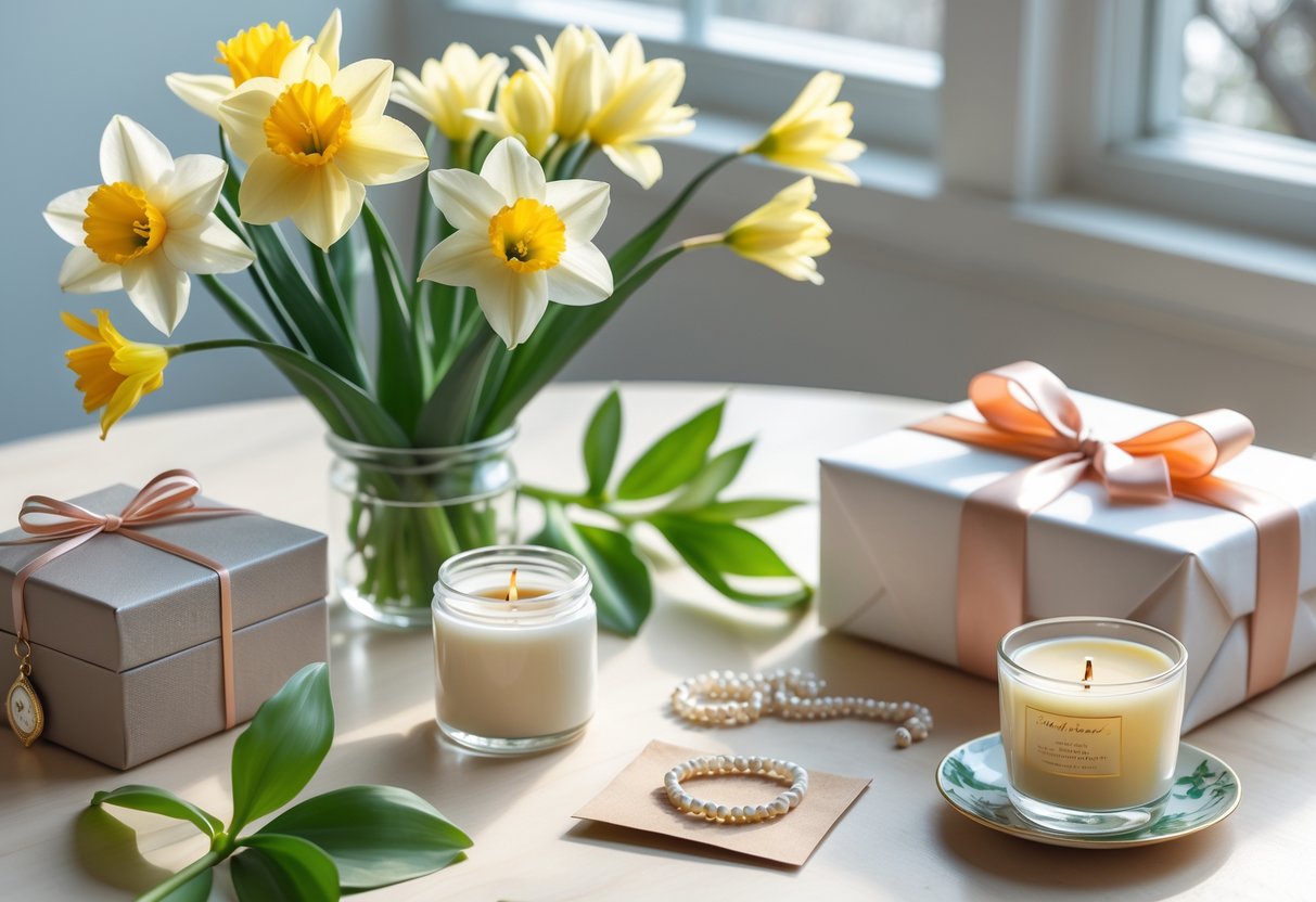 A table with a bouquet of spring flowers, a jewelry box with a pearl necklace, a scented candle, a wrapped gift, and a cup of tea arranged together.