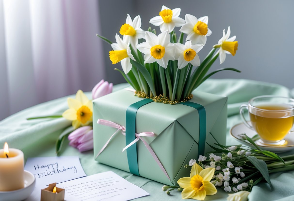 A beautifully wrapped gift box surrounded by spring flowers and a birthday card on a pastel tablecloth.