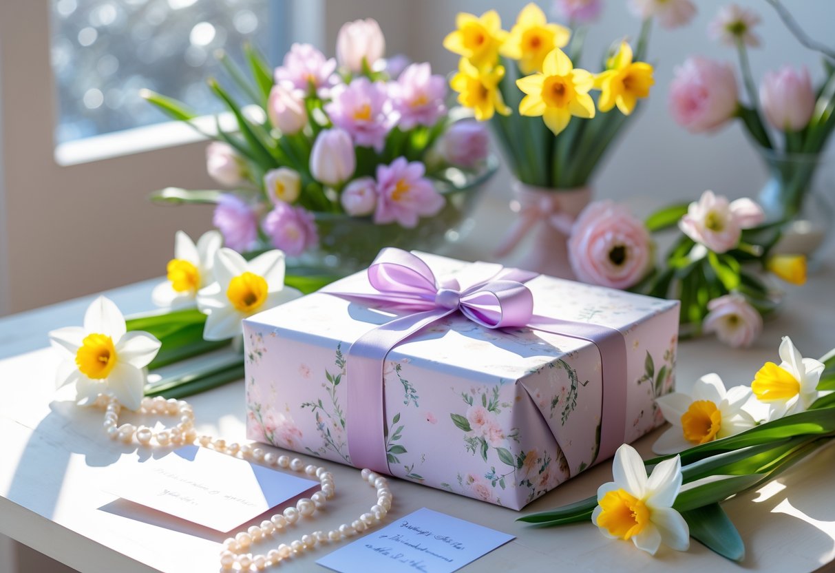 A beautifully wrapped birthday gift surrounded by spring flowers on a wooden table with soft natural light.