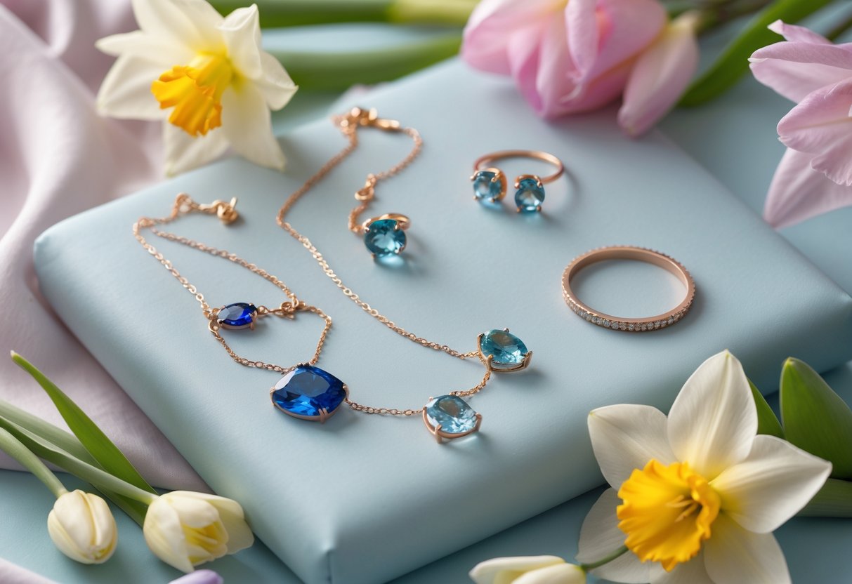 A collection of elegant jewelry and spring flowers arranged on a soft surface.