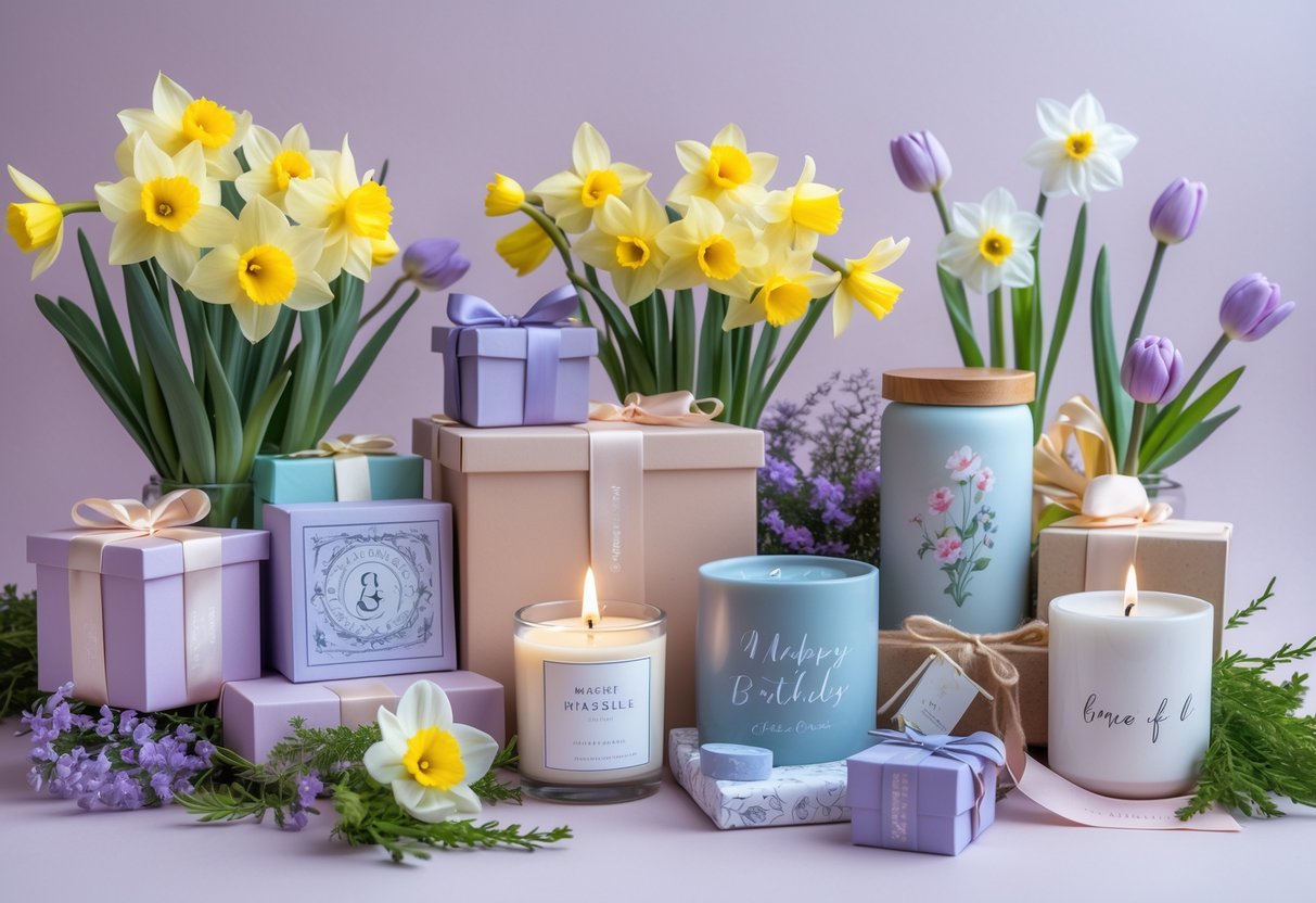 A collection of elegant March birthday gifts for her with spring flowers and personalized items arranged on a pastel background.