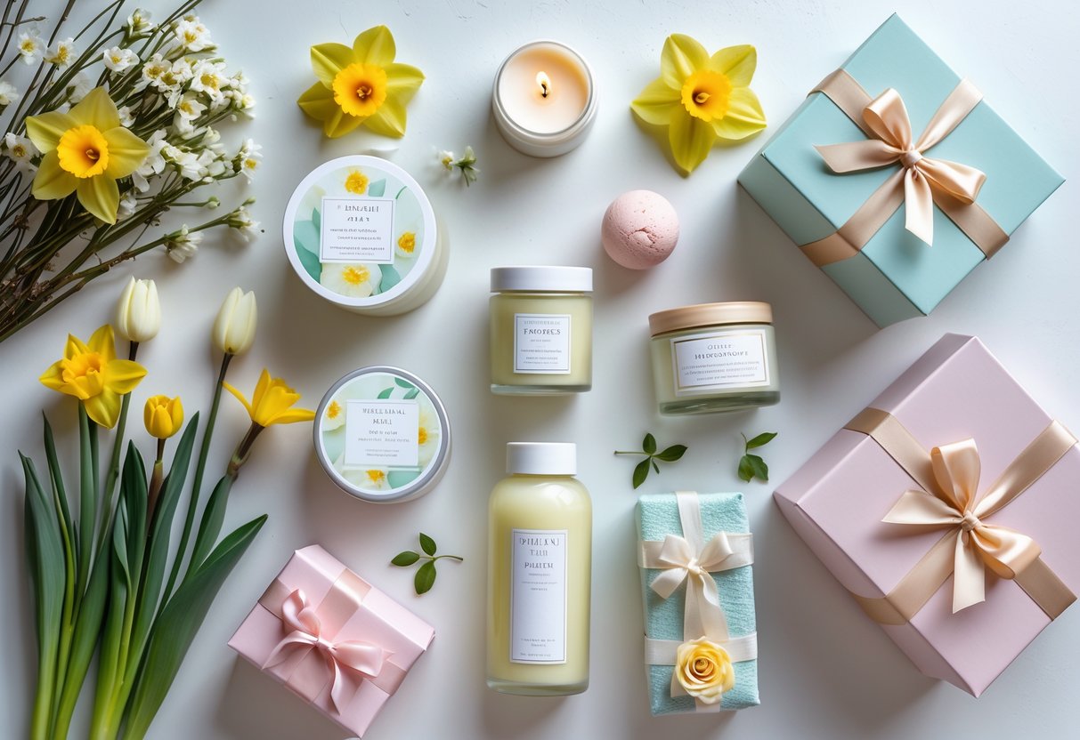 A flat lay of pampering and self-care gifts with spring flowers and pastel gift boxes on a bright surface.