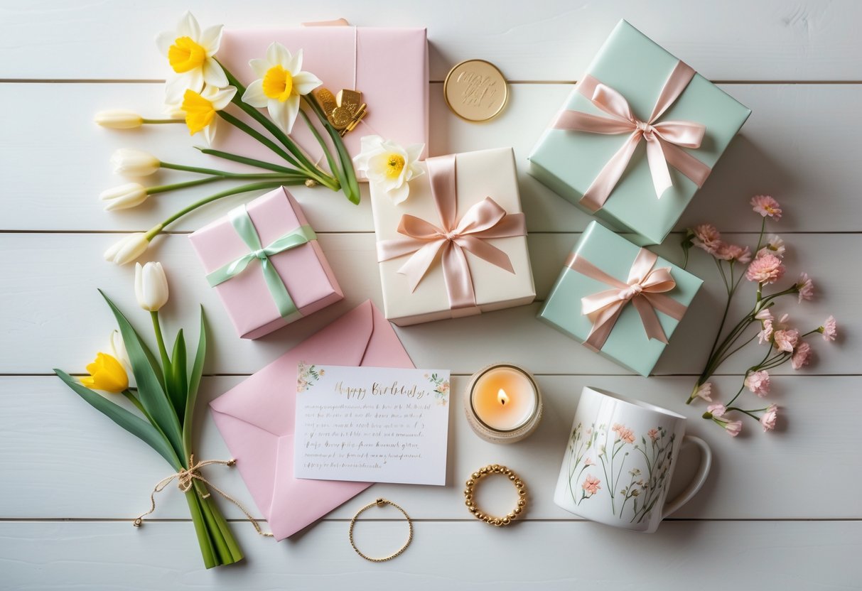 A flat lay of elegant birthday gifts including spring flowers, pastel gift boxes with ribbons, a handwritten note, a gold bracelet, a scented candle, and a floral ceramic mug on a light wooden surface.