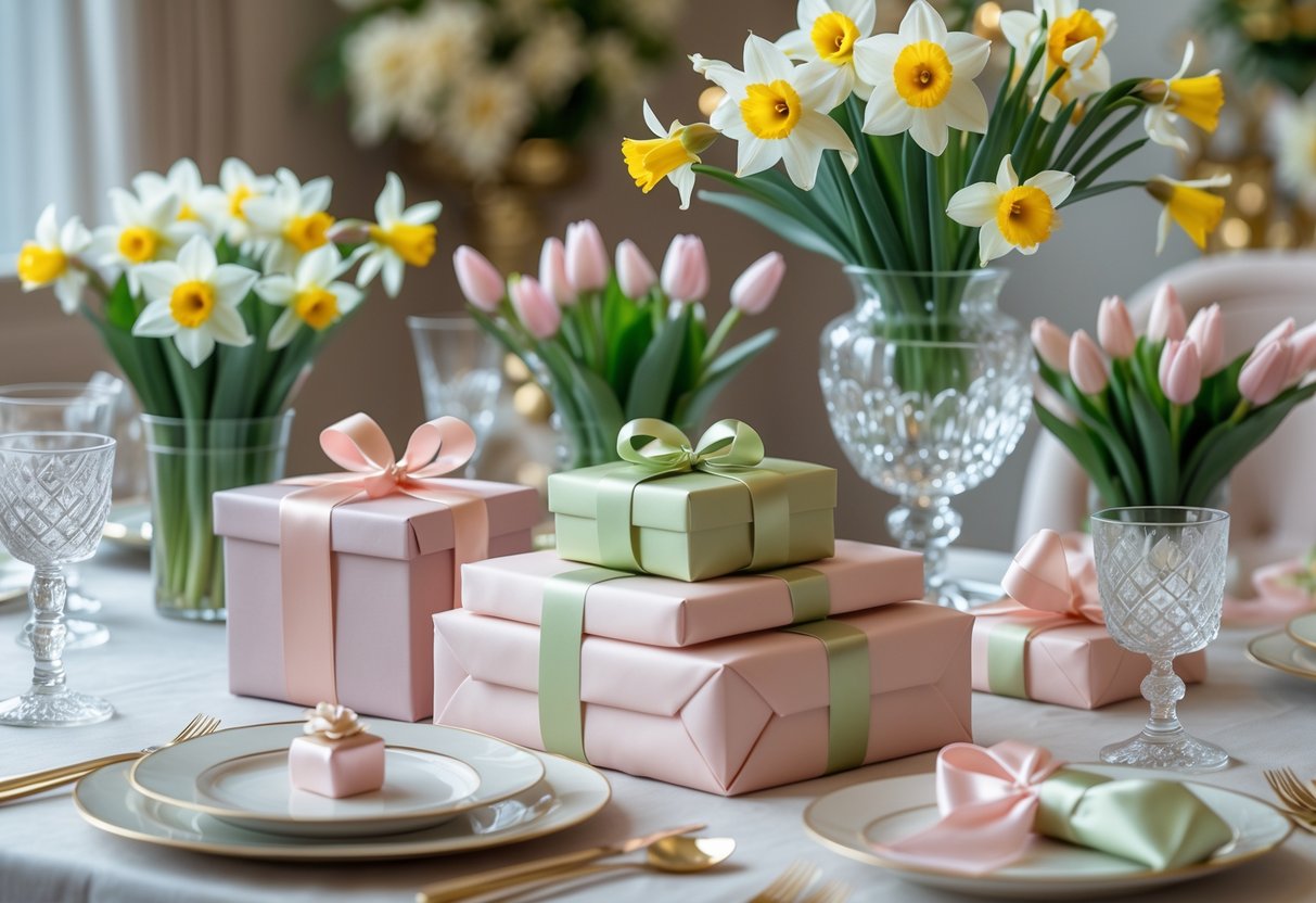 A beautifully decorated table with spring flowers, wrapped gifts, and elegant tableware set for a birthday celebration.