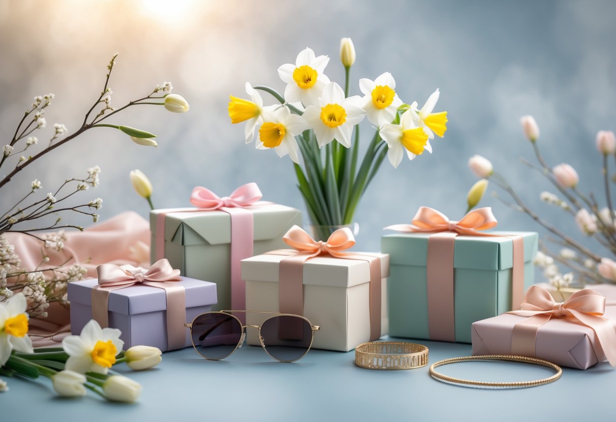 A collection of elegant March birthday gifts for her, including spring flowers, pastel-wrapped boxes, and stylish accessories arranged on a softly lit surface.