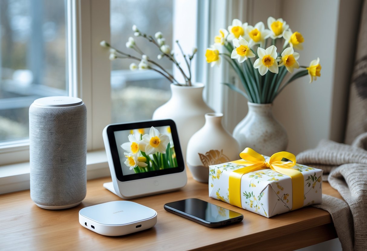 A table displaying elegant tech gadgets, a wrapped gift box, and a bouquet of spring flowers in a cozy indoor setting.