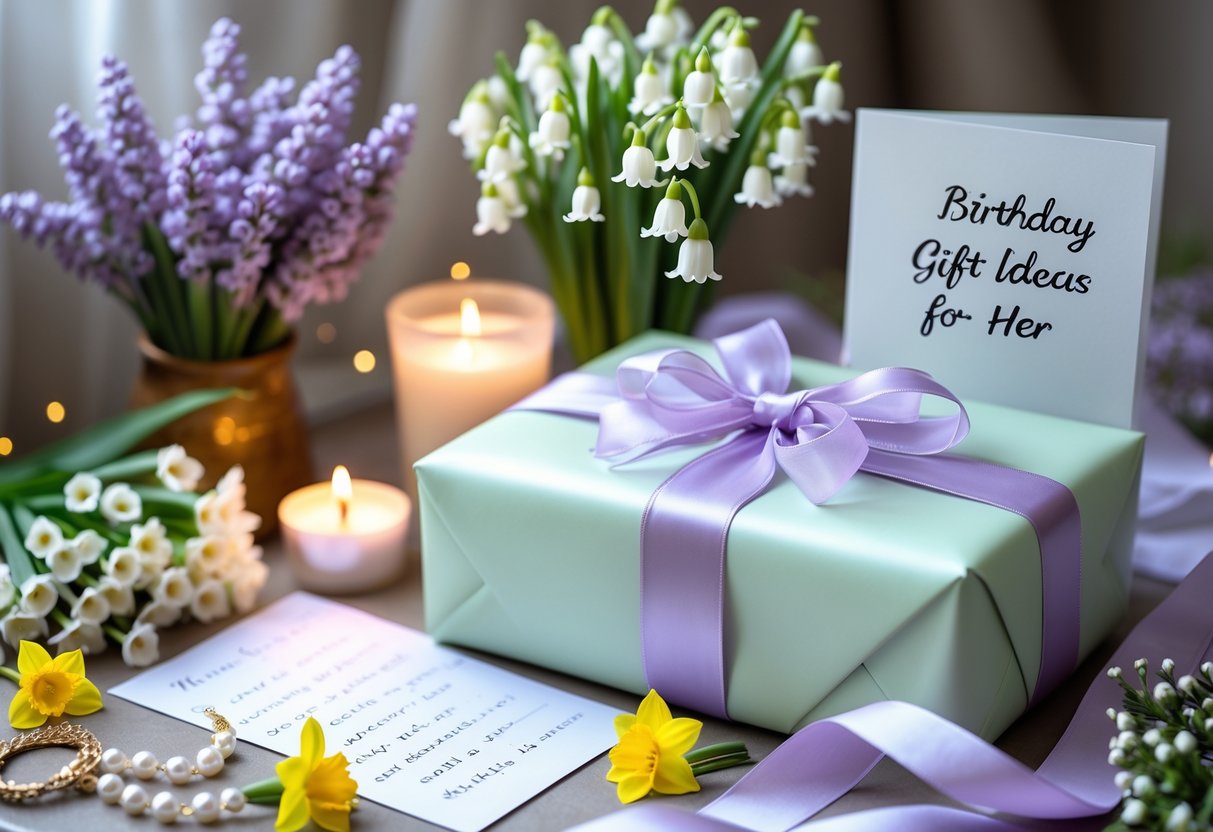A neatly wrapped gift box surrounded by spring flowers, a birthday card, pearl jewelry, and a lit candle on a softly lit surface.