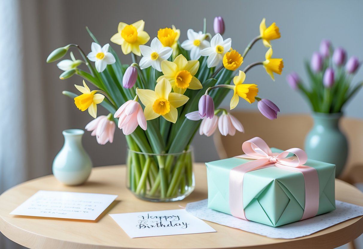 A bouquet of spring flowers and a wrapped gift on a wooden table with soft natural light.