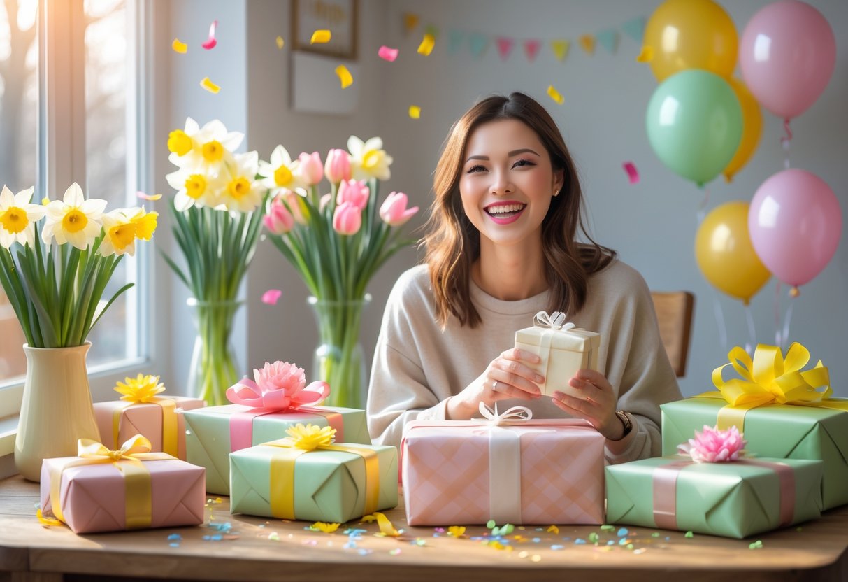 A smiling young woman holding a wrapped birthday gift, surrounded by flowers and birthday decorations in a sunlit room.