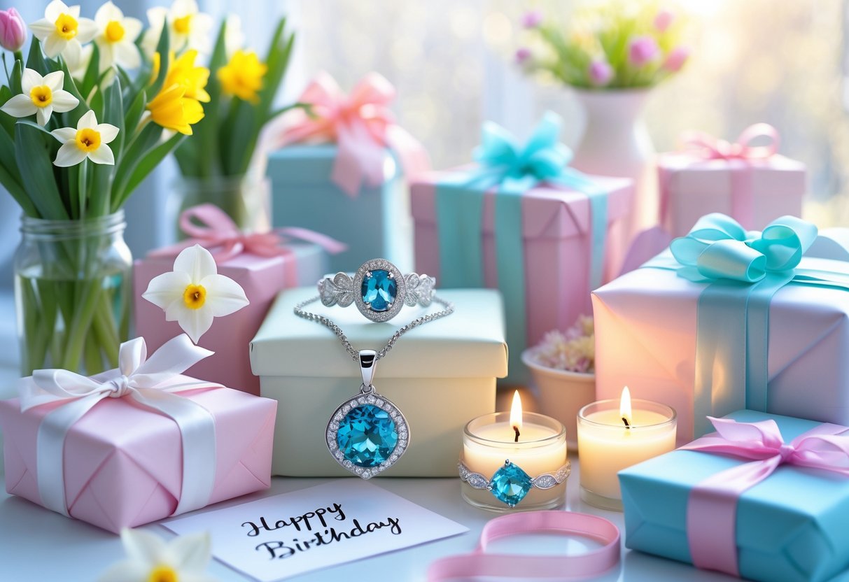 A bright arrangement of spring flowers, elegant jewelry, wrapped gifts, candles, and a birthday card celebrating a March birthday for a woman.