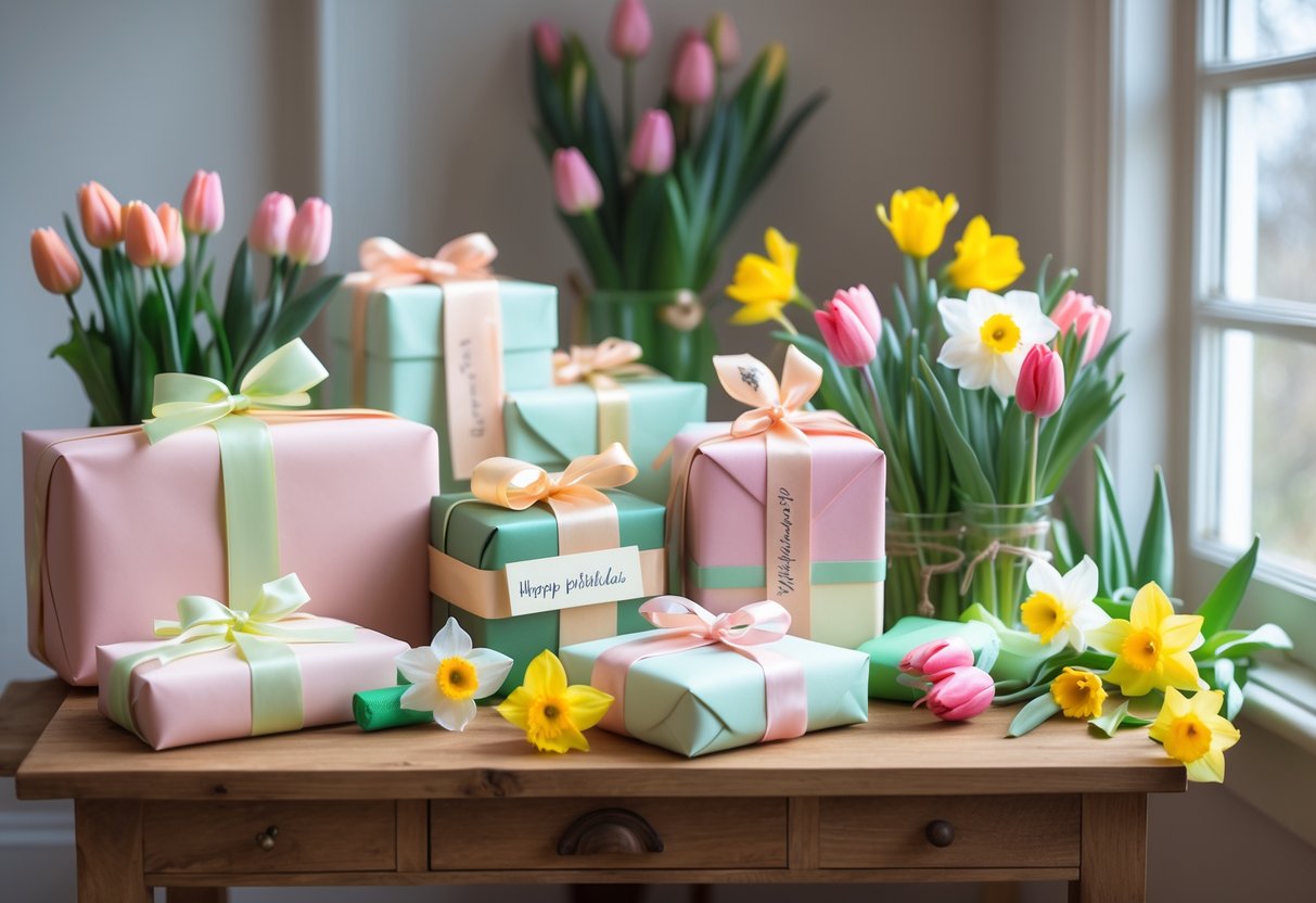 A table with beautifully wrapped personalized birthday gifts and spring flowers bathed in warm natural light.